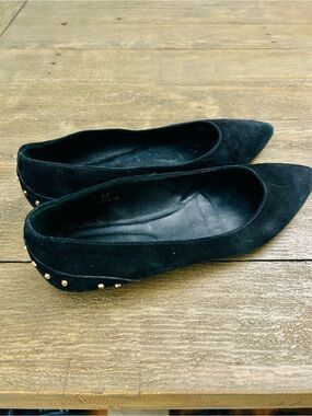 Sz 37 Black Suede Pointed Toe Studded Ballet Flats - Women